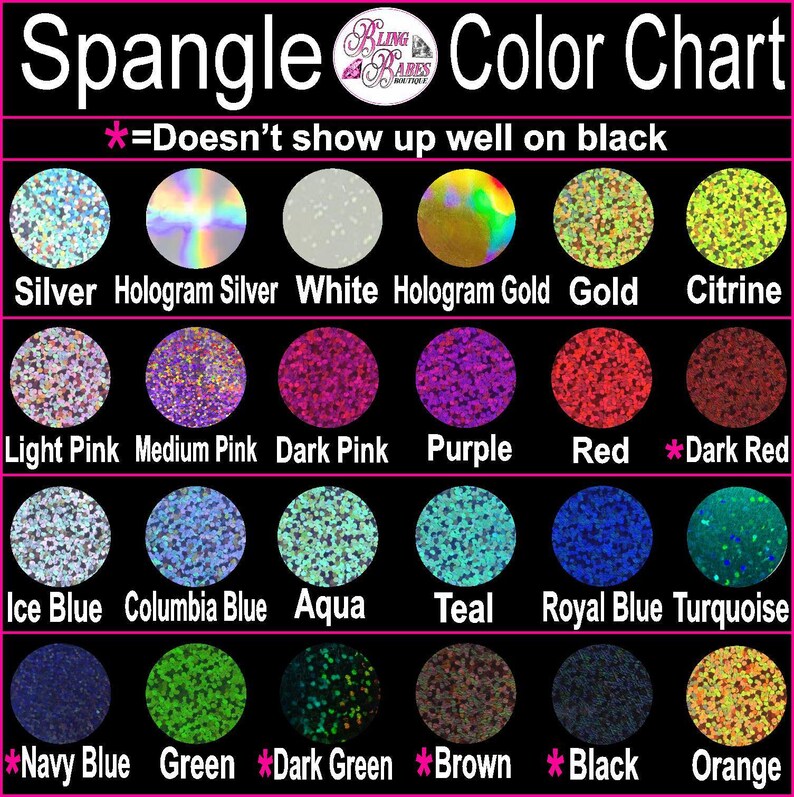 Spangle color chart displaying all available spangle colors for custom apparel, personalized designs, and custom sparkle creations from Bling Babes Boutique.