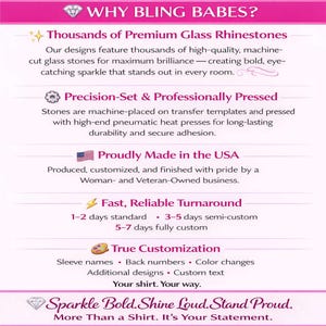 Why shop Bling Babes Boutique graphic featuring custom rhinestone apparel with thousands of professionally set rhinestones, made in the USA, fast reliable shipping, and truly custom designs