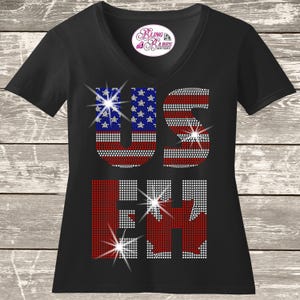 US EH Canadian USA rhinestone shirt with sparkling crystal lettering on a unisex tee, patriotic bling apparel for women, funny USA and Canada themed shirt with high shine rhinestones