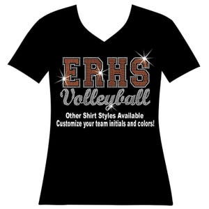 Varsity Letters Volleyball Custom School Initials RHINESTONE Mega Bling Shirt, Volleyball Mom Bling, Volleyball Team Bling, School Name T