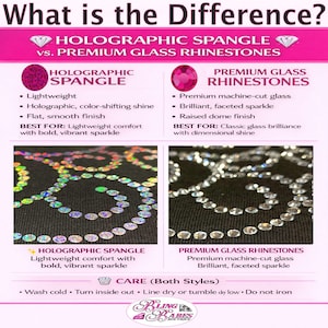 Comparison chart showing the difference between rhinestones and spangles, including sparkle, shine, texture, durability, and appearance options for custom bling apparel and personalized shirt designs.