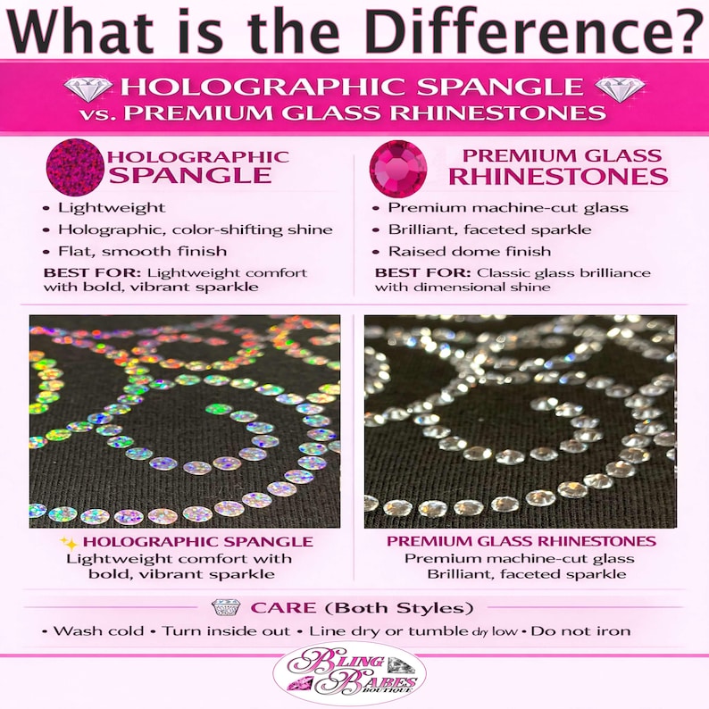 Comparison chart showing the difference between rhinestones and spangles, including sparkle, shine, texture, durability, and appearance options for custom bling apparel and personalized shirt designs.