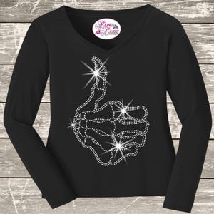 Thumbs up Skeleton Hand Rhinestone Bling Shirt, Goth Costume Alternative Spooky Night Top