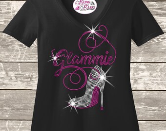 Glammie Rhinestone Shirt – High Heel Bling Tee – Glam Grandma Sparkle Shirt