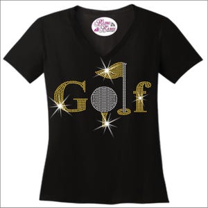 Golf Ball on the Green Rhinestone Shirt – Sparkly Flag Post Golf Tee – Women’s Golf Bling Top
