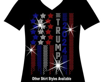 Trump 2024 Vertical Red White and Blue Flag RHINESTONE Mega Bling, Ladies Democratic Bling, Woman&#39;s Election Day Shirt, American Pride Bling