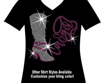Cowgirl with Sexy Heel boot and lasso RHINESTONE Mega Bling Shirt, Ladies Country Girl Bling, Woman's Cowgirl Shirt Long Live Cowgirls Shirt