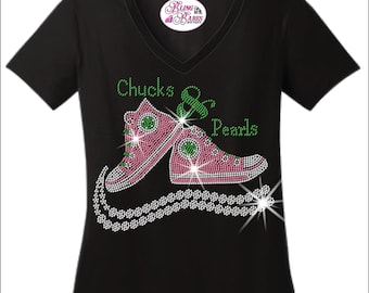Chucks and Pearls Custom Sorority Colors Rhinestone Bling Shirt Ladies Sorority Sweatshirt Sorority Letters College Sorority Sister Gift Tee