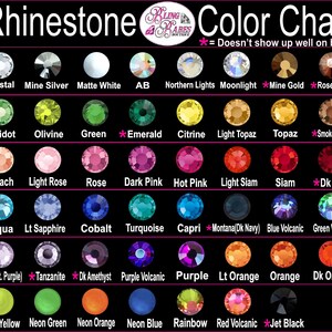 Rhinestone color chart displaying all available rhinestone colors for custom apparel, personalized designs, and custom bling creations from Bling Babes Boutique. 💎