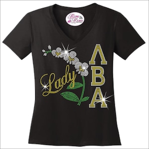 Orchid Sorority Ladies Rhinestone Shirt – Alpha Beta LBA Lady Lambda Inspired Bling Tee – Sparkly Sorority-Style Rhinestone Shirt