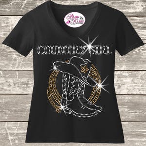 Custom Country Girl with Cowgirl Boots Bling Lasso and Hat Bling Shirt Country Diva Glitter Boots On The Ground Where Them Fans At Cowgirl T