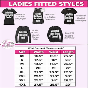 Size chart for women's fitted shirts featuring width, length, and waist measurements for five ladies' styles. Includes fabric content and material blend details for each garment. Helpful sizing guide for selecting the correct fit when ordering custom rhinestone shirts, spangle shirts, women's tees, tanks, and personalized apparel.