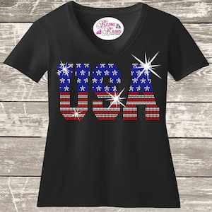 USA Rhinestone Shirt: Patriotic Red White Blue Sparkle Tee
