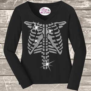 Halloween Skeleton Ribcage Rhinestone Shirt • Sparkly Skeleton Tee • Spooky Season Bling Top • Cute Halloween Shirt for Women