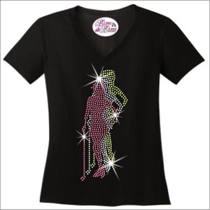Golf Lady Rhinestone Shirt – Sparkly Female Golfer Silhouette Tee with Shadow – Women’s Golf Bling Top