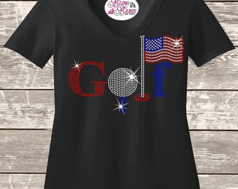 Red White and Blue Golf Shirt, Patriotic Golf Tee, USA Golf Outfit, Fourth of July Sports Shirt, Rhinestone Bling Top