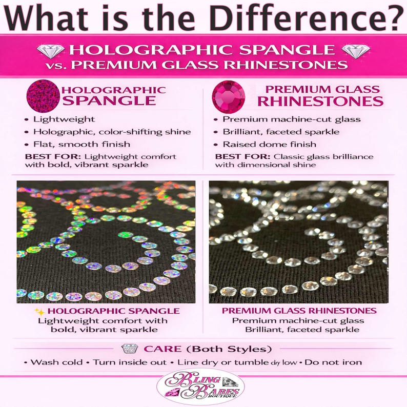 Comparison chart showing the difference between rhinestones and spangles, including sparkle, shine, texture, durability, and appearance options for custom bling apparel and personalized shirt designs.