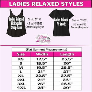 Women's relaxed fit size chart showing width, length, and waist measurements for the ladies' relaxed fit short sleeve V-neck shirt and ladies' regular strap tank top. Includes available sizing information and fabric content for both styles to help customers compare measurements and select the best fit for their rhinestone or spangle apparel.