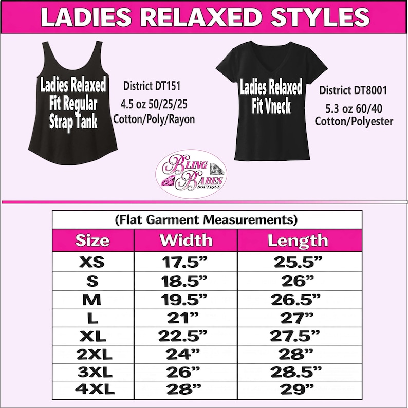 Women's relaxed fit size chart showing width, length, and waist measurements for the ladies' relaxed fit short sleeve V-neck shirt and ladies' regular strap tank top. Includes available sizing information and fabric content for both styles to help customers compare measurements and select the best fit for their rhinestone or spangle apparel.