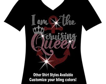 I Am the Cruising Queen Shirt, Anchor Cruise Rhinestone Vacation Tee