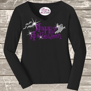 Happy Halloween Ghost Shirt, Ghost and Bats Halloween Tee, Spooky Season Shirt, Rhinestone Halloween Apparel, Fall Top