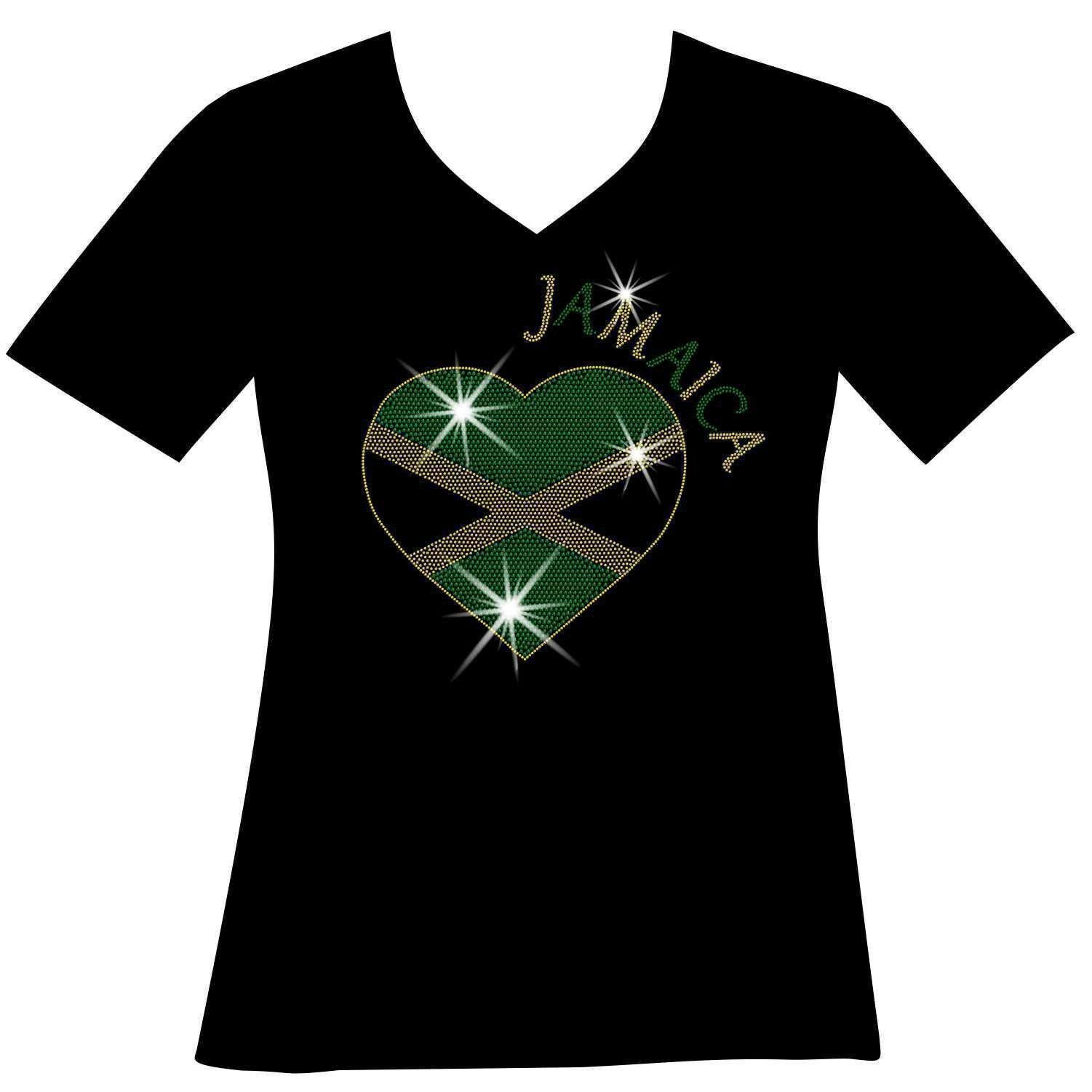 Jamaican Heart Flag Rhinestone Mega Bling Shirt, I Love Jamaica, One Red Green & Gold Jamaica Day Bob Marley