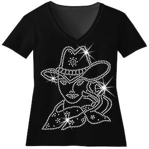 Custom Cowgirl Face Rhinestone Bling Shirt Bejeweled Cowgirl Western Themed Sweatshirt Boots On The Ground Sparkle Top Boots And Bling Shirt