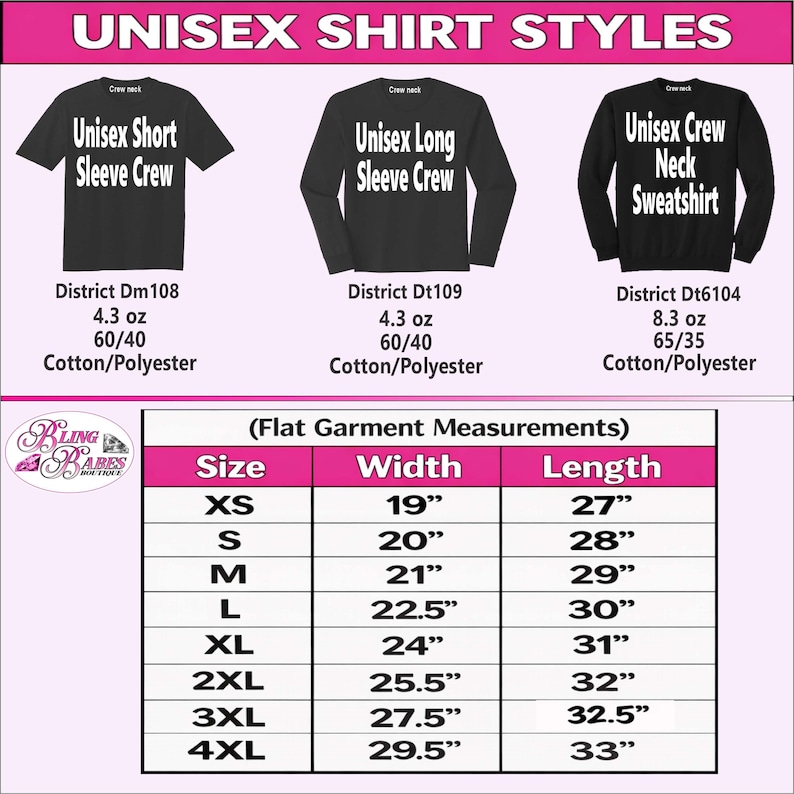 Unisex size chart showing width, length, and waist measurements for the unisex short sleeve crew neck T-shirt, unisex long sleeve crew neck shirt, and unisex crew neck sweatshirt. Includes available sizing information and fabric content for all three styles to help customers compare measurements and select the best fit for their rhinestone or spangle apparel.