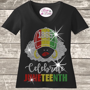 Celebrate Juneteenth Rhinestone Shirt: Afro Lady Graphic, Sparkle Bling