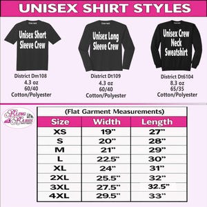 Unisex size chart showing width, length, and waist measurements for the unisex short sleeve crew neck T-shirt, unisex long sleeve crew neck shirt, and unisex crew neck sweatshirt. Includes available sizing information and fabric content for all three styles to help customers compare measurements and select the best fit for their rhinestone or spangle apparel.