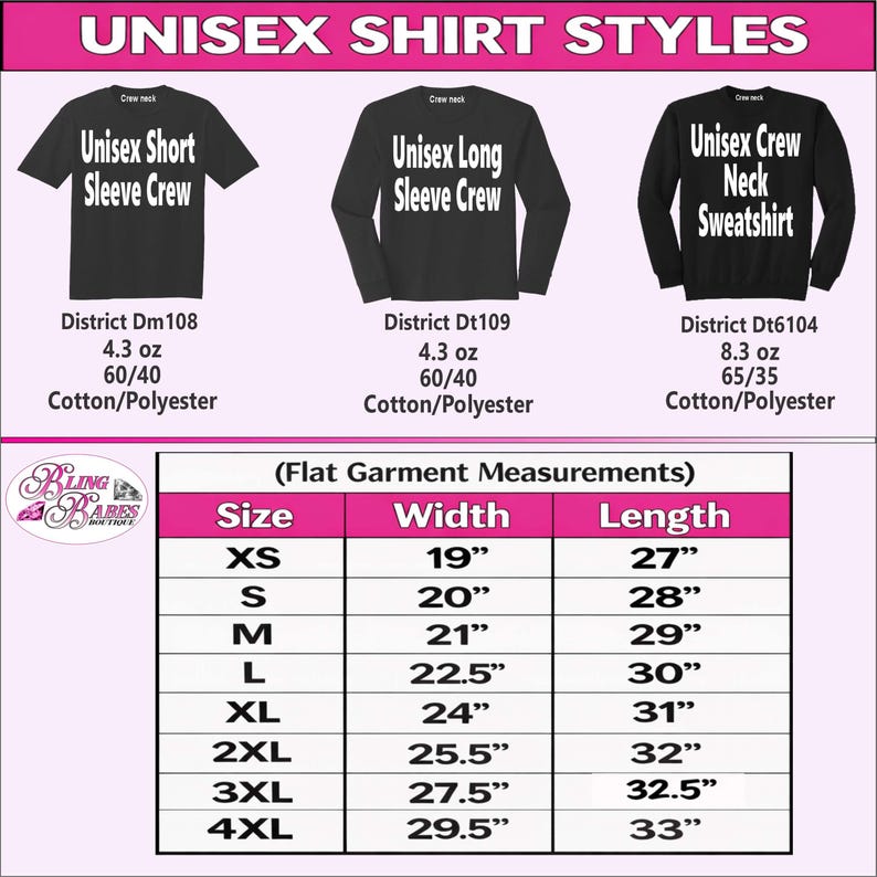 Unisex size chart showing width, length, and waist measurements for the unisex short sleeve crew neck T-shirt, unisex long sleeve crew neck shirt, and unisex crew neck sweatshirt. Includes available sizing information and fabric content for all three styles to help customers compare measurements and select the best fit for their rhinestone or spangle apparel.
