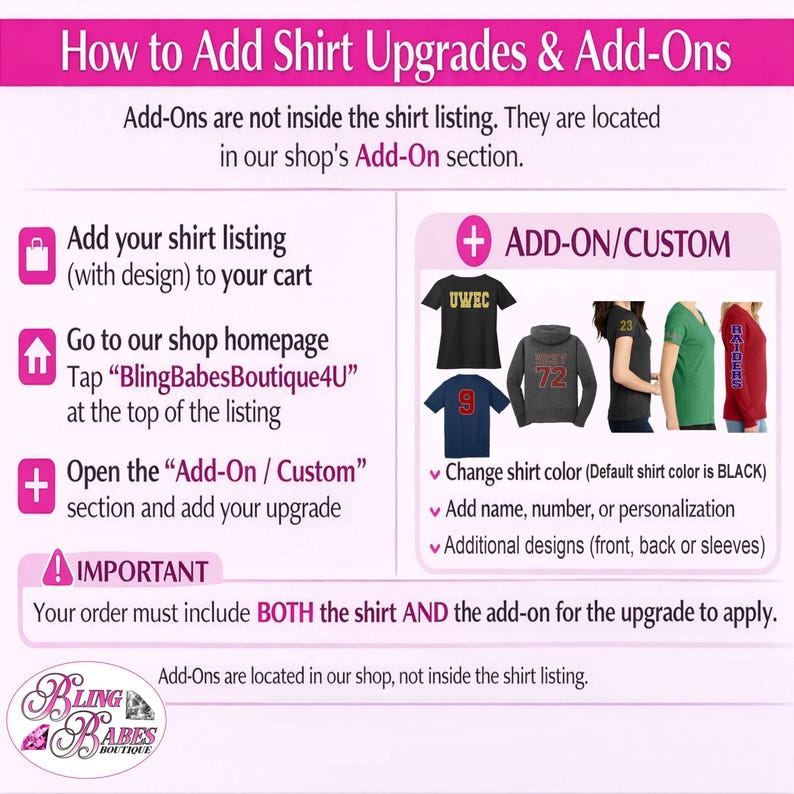 The image is a guide on how to add shirt upgrades and add-ons to a shirt listing. It provides instructions on how to customize and add items to a shirt listing, including changing the shirt color, adding a name, number, or personalization, and including additional designs like front, back, or sleeves. The guide emphasizes that the shirt and add-on must be included for the upgrade to apply.