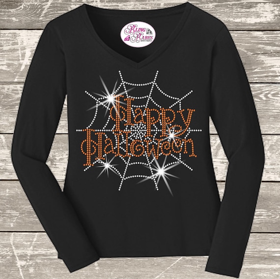 Happy Halloween Spider Web Shirt, Rhinestone Halloween Tee, Sparkly Spiderweb Top, Spooky Season Shirt, Halloween Party Shirt for Women