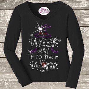 Halloween Fall Witch way to the Wine Rhinestone Bling Shirt, Happy Halloween Sparkle Sweater, Costume Party T shirt, Fall Thanksgiving Wear