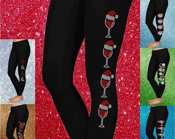 Christmas Rhinestone Bling Leggings, Holiday Work Party Apparel, Matching Xmas Shirt and Pants