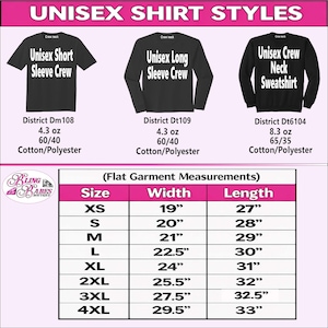 Unisex size chart showing width, length, and waist measurements for the unisex short sleeve crew neck T-shirt, unisex long sleeve crew neck shirt, and unisex crew neck sweatshirt. Includes available sizing information and fabric content for all three styles to help customers compare measurements and select the best fit for their rhinestone or spangle apparel.