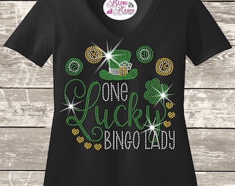 One Lucky Bingo Lady Rhinestone Shirt | Saint Patrick’s Day Bingo Bling Tee | Shamrock Sparkle Party Top