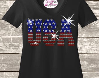 USA Rhinestone Shirt: Patriotic Red White Blue Sparkle Tee