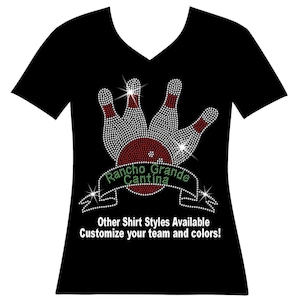 Custom Bowling Team Bowling Ball and Pins with Banner Rhinestone Bling Shirt, Matching Bowling Shirt, Bowling Babe, Bowling Diva, Bowlshit T