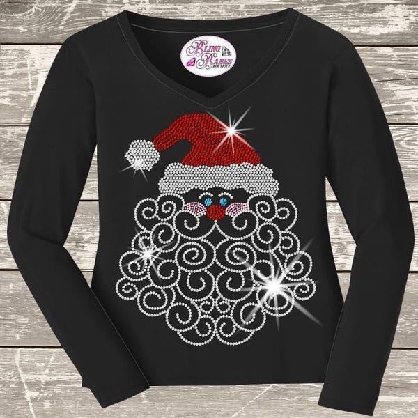 Santa with Swirly Beard Christmas Shirt, Rhinestone or Spangle Holiday Tee, Sparkly Santa Claus Top, Festive Christmas Gift