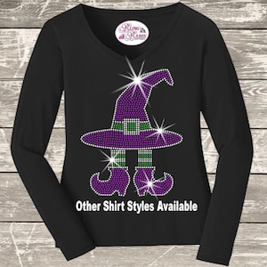 Halloween Witch Hat and Feet Rhinestone Bling Shirt, Halloween Party Sparkle Trick or Treat Costume Tee, Bedazzeled Witch Hat Trick or Treat