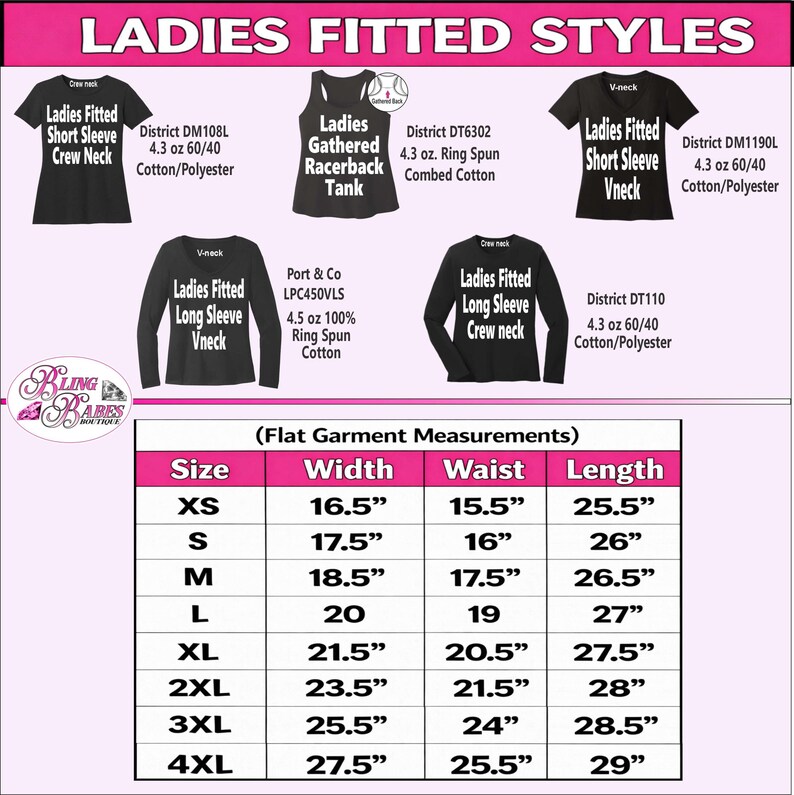 Size chart for women's fitted shirts featuring width, length, and waist measurements for five ladies' styles. Includes fabric content and material blend details for each garment. Helpful sizing guide for selecting the correct fit when ordering custom rhinestone shirts, spangle shirts, women's tees, tanks, and personalized apparel.