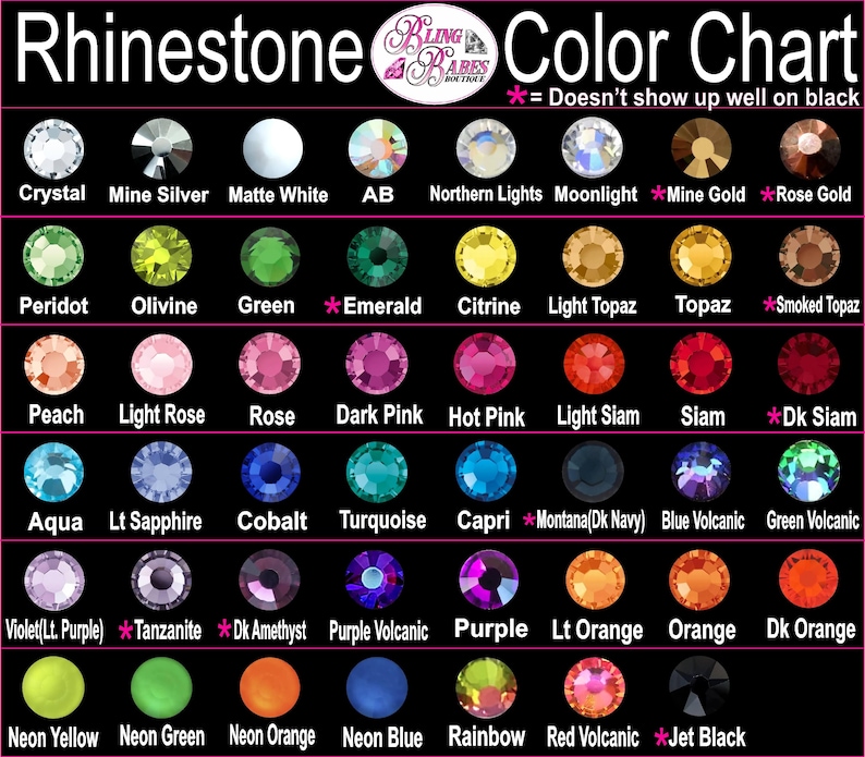 Rhinestone color chart displaying all available rhinestone colors for custom apparel, personalized designs, and custom bling creations from Bling Babes Boutique. 💎