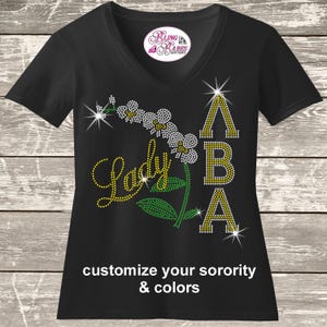Orchid Sorority Ladies Rhinestone Shirt – Alpha Beta LBA Lady Lambda Inspired Bling Tee – Sparkly Sorority-Style Rhinestone Shirt