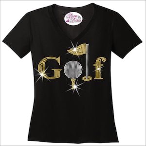 Golf Ball on the Green Rhinestone Shirt – Sparkly Flag Post Golf Tee – Women’s Golf Bling Top