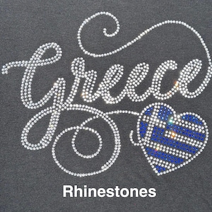 Greek Flag Rhinestone Bling Shirt Cursive Greece with Greek Heart Flag Bedazzled Sweater Greek Pride Sparkle Top Hellas Sequence T shirt image 2
