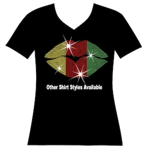 Juneteenth tri colored lips RHINESTONE Mega Bling Shirt, Ladies Black Queen Bling, Woman&#39;s Juneteenth Shirt, Custom 1865 Juneteenth Bling T