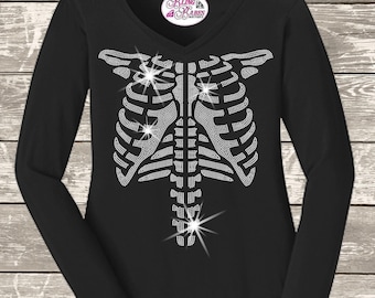 Halloween Skeleton Ribcage Shirt, Skeleton Halloween Tee, Spooky Skeleton Shirt, Rhinestone Halloween Apparel, Fall Top