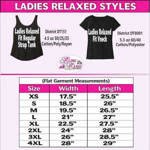 Women's relaxed fit size chart showing width, length, and waist measurements for the ladies' relaxed fit short sleeve V-neck shirt and ladies' regular strap tank top. Includes available sizing information and fabric content for both styles to help customers compare measurements and select the best fit for their rhinestone or spangle apparel.