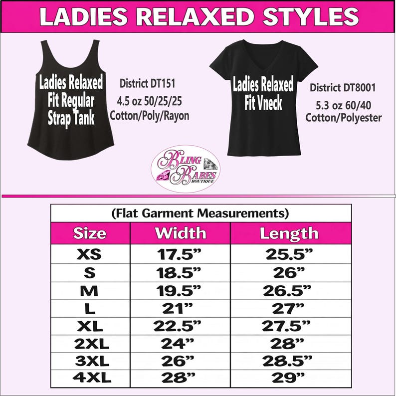 Women's relaxed fit size chart showing width, length, and waist measurements for the ladies' relaxed fit short sleeve V-neck shirt and ladies' regular strap tank top. Includes available sizing information and fabric content for both styles to help customers compare measurements and select the best fit for their rhinestone or spangle apparel.
